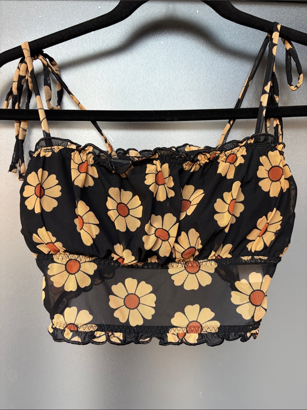 Floral Tie-Strap Crop Top - Black with tanish yellow and brown Daisies